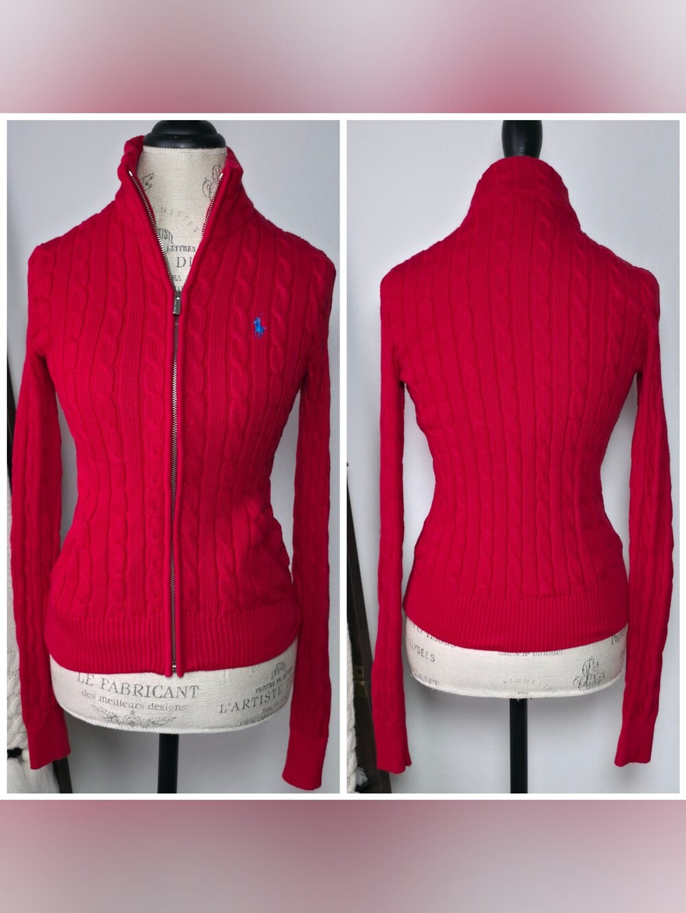 Vintage Polo Ralph Layren Sport Cable Knit Zip Up Cardigan Small Red Long Sleeve
